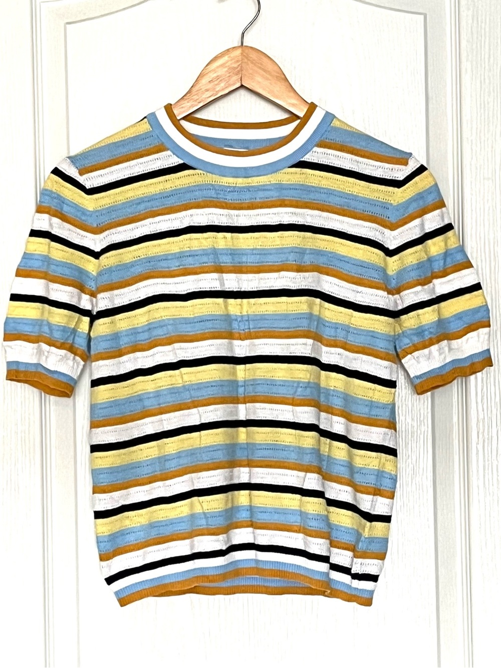 Zara Striped Open Knit Crochet Short Sleeve Sweater Top Size 8  Preppy Festival